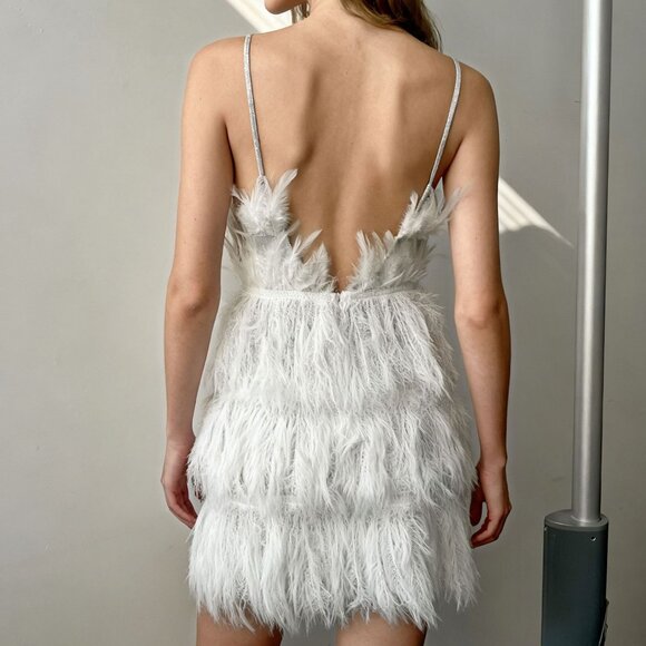 Daring Deep V Feather Trim Slip Dress | White Mini Party Gown - Picture 4 of 4